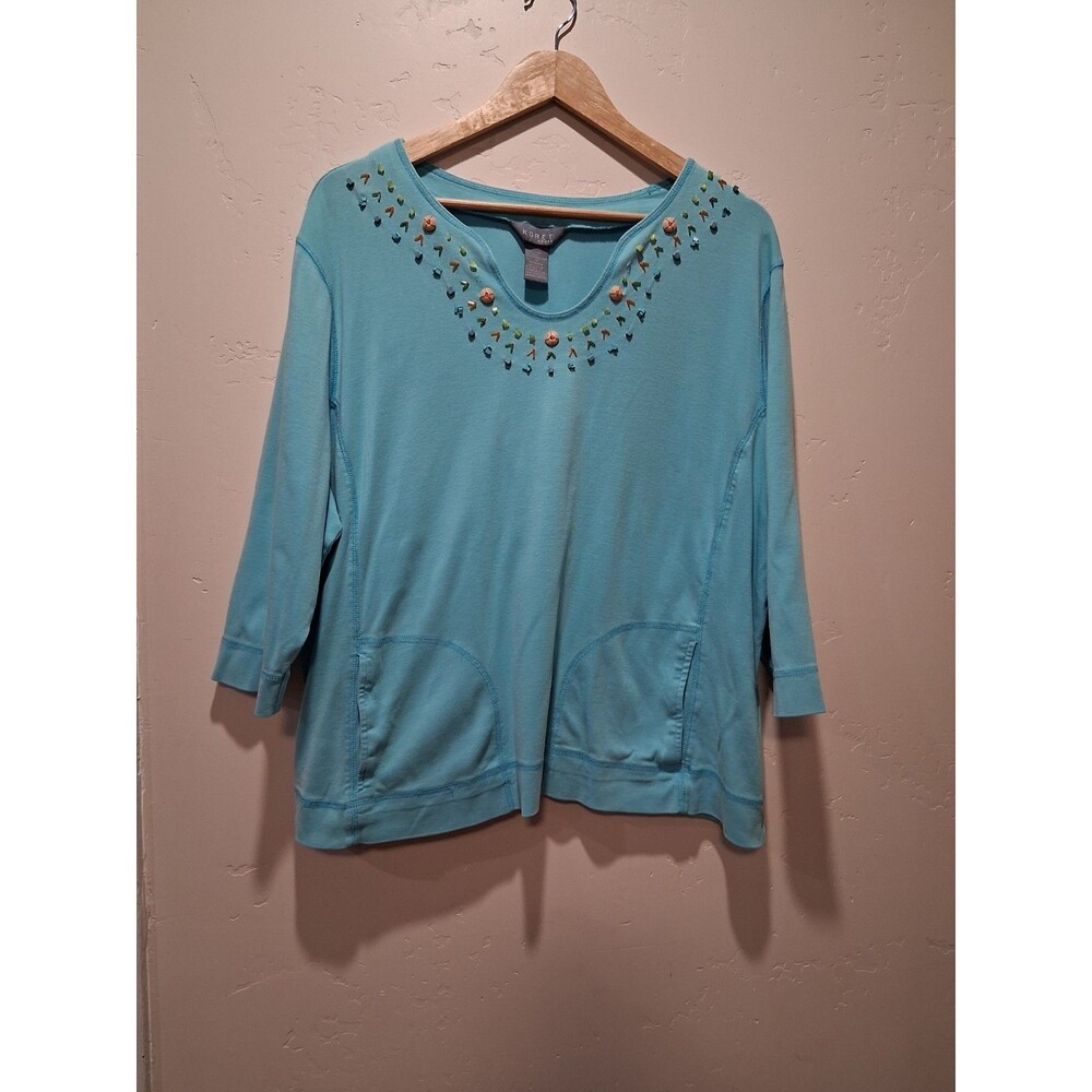Koret Plus Size 1X Aqua 3/4 Sleeve V Neck Beaded Front‎ Pkts Coastal Grandmacore